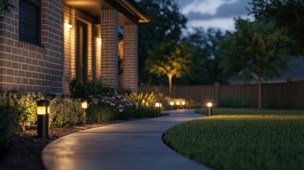 Obraz premium Evening view of a house with illuminated pathway.