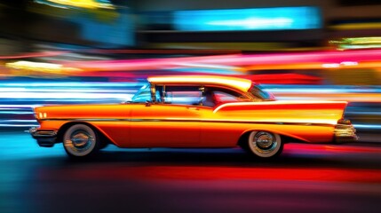 Classic orange car speeding through vibrant city night.
