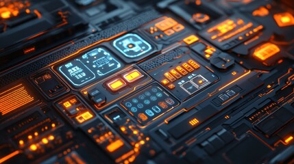 Obraz premium Futuristic digital interface with glowing orange and blue elements. (1)