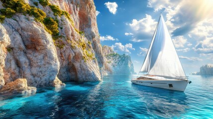 Sailing yacht between picturesque limestone cliffs in a crystal-clear turquoise sea, bright sunny day.