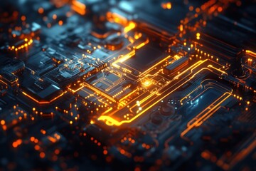 Obraz premium Close-up of glowing circuit board with orange and blue illuminated pathways.