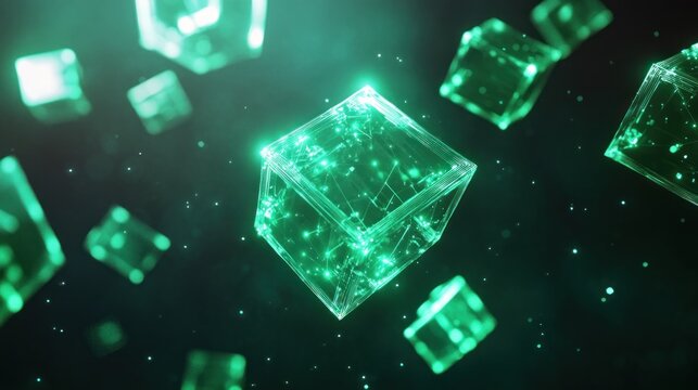 Glowing green cubes float in dark space, showcasing digital technology and connectivity.
