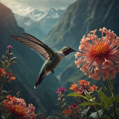 A surreal scene of a giant hummingbird, gently sipping from a massive magical flower in a dreamlike landscape.