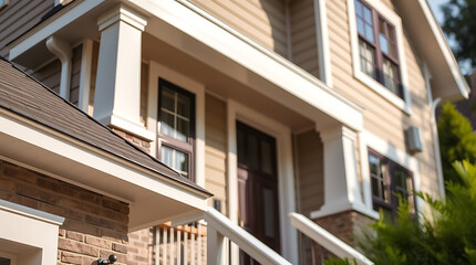 Residential Building Exterior with Tan Siding and White Trim