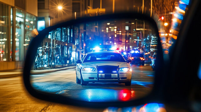 View from the passenger seat rearview mirror showing a vehicle being pulled over by a police car, capturing a moment of a traffic stop, law enforcement intervention, and road safety precautions