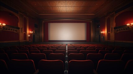 Fototapeta premium Empty Theater Interior View from Front with Red Seating and Large Projection Screen in Elegant Design