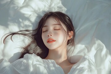 Young beautiful Asian woman sleeping on white bed happy as background beauty and healthy, World Sleep Day concept. 