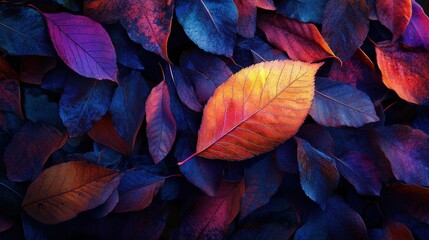 close-up of a colorful leaf slowly falling to the ground, surrounded by other leaves already covering the forest floor in a blanket of color.
