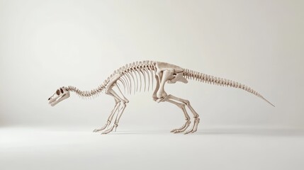 realistic photo of a dinosaur skeleton displayed side view, showcasing the entire structure from head to tail, with detailed bones of the skull, spine, ribs, legs, and tail. 