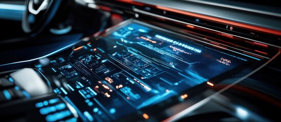 Fototapeta premium Futuristic car interior with a large central display showing various data and controls.