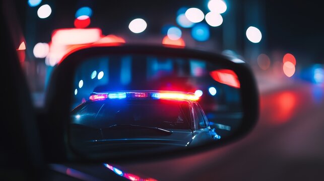 View from the passenger seat rearview mirror showing a vehicle being pulled over by a police car, capturing a moment of a traffic stop, law enforcement intervention, and road safety precautions