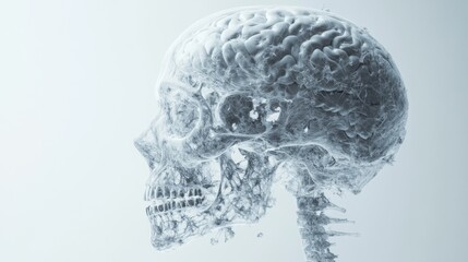 Translucent skull and brain anatomy rendering.