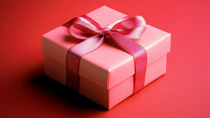Obraz premium Delicate Pink Gift Box Adorned With a Satin Ribbon Rests Elegantly on a Vibrant Red Backdrop, Perfect for Celebrations and Special Moments