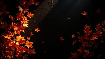 A dark textured background with vibrant orange autumn leaves scattered around, creating a rich and moody fall aesthetic.