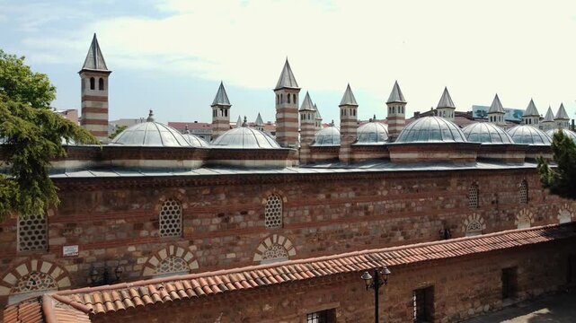&Ccedil;oban Mustafa Pasha Complex is one of the important examples of Ottoman architecture. It consists of a group of buildings. Flying camera movement towards the chimneys.