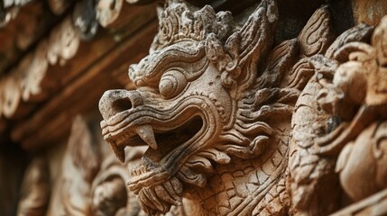close-up of a detailed stone bas-relief at Angkor Wat, illustrating scenes of battles and mythological creatures.