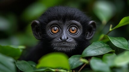 Obraz premium An intense close-up of a gibbon featuring its remarkable eyes, set against a backdrop of vibrant leaves that celebrates the charm of primate life.