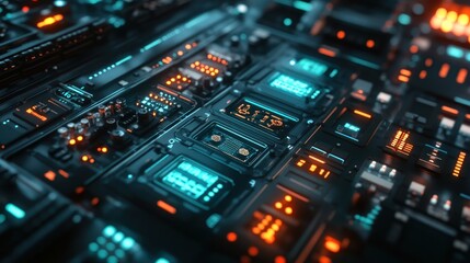Obraz premium Close-up of a futuristic circuit board with glowing components.