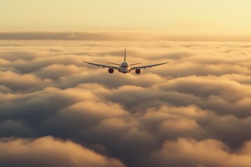 Fototapeta premium Passenger airplane flying above the clouds at sunset