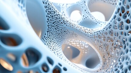 Abstract 3D render of a porous, interconnected, organic structure with light blue and white tones.