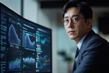 Confident businessman looking at camera, sitting at desk with large monitor displaying financial data charts and graphs.