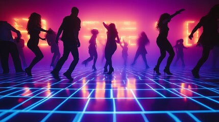Silhouetted Dancers on Neon Grid: Retro Dance Party