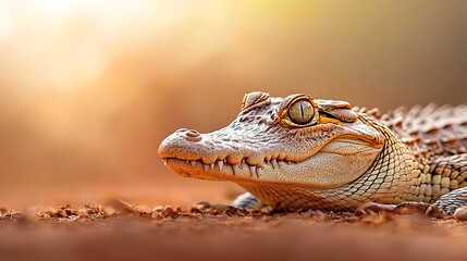 Fototapeta premium close up of crocodile resting on ground, showcasing its detailed scales and vibrant eyes. warm background adds serene atmosphere