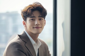 Portrait of a smiling young Asian man in a brown suit jacket, looking at the camera near a window.