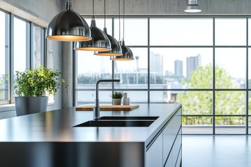 Modern kitchen island with stainless steel countertop, sink, and pendant lights, overlooking a city view.