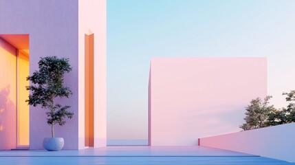 Minimalist pastel architecture, sunset, plants, modern design, outdoor space.