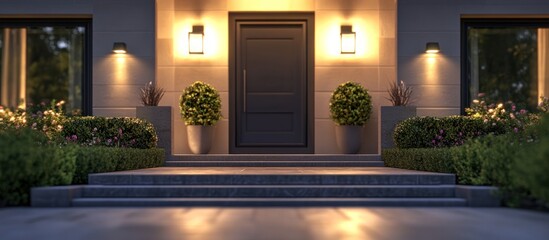 Fototapeta premium Evening view of a house entrance with illuminated steps, landscaping, and doorway.
