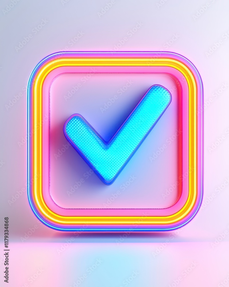 Poster vibrant neon checkmark icon in colorful square frame 3d render