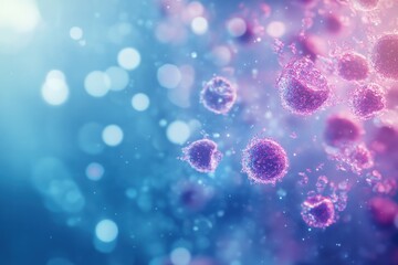 Microscopic view of cells, depicting vibrant pink and blue spheres, with bokeh effect in background.
