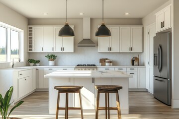 Modern kitchen with white cabinets, island, and stainless steel appliances.