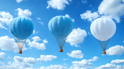 Naklejka premium Hot air balloons in serene shades of blue and white floating amidst fluffy clouds in a bright blue sky, evoking a sense of freedom and adventure