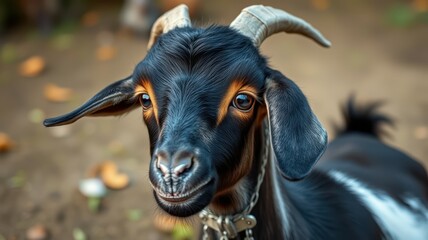 Young goat with dark fur and expressive eyes playing in a rural outdoor setting on a sunny afternoon