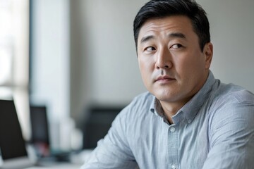 Pensive Asian man in office, looking thoughtfully to the side.