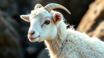 Obraz premium Young goat stands confidently in a rocky landscape during golden hour lighting enhancement