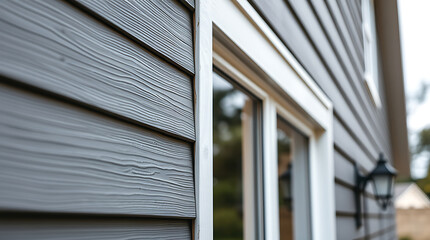 Fototapeta premium Gray Wood-Grain Siding, White Window Frame, and Exterior Light Fixture