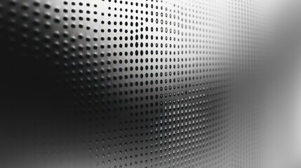 Abstract grayscale image of a perforated metal sheet with a perspective effect showing depth and texture.