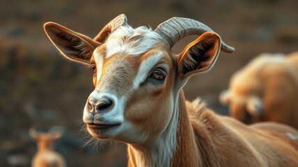 Obraz premium Goat exhibiting curiosity in a rural setting during golden hour with gentle light illuminating its features