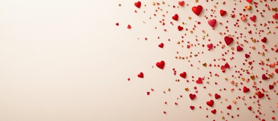 Fototapeta premium Red and gold hearts scattered on beige background.