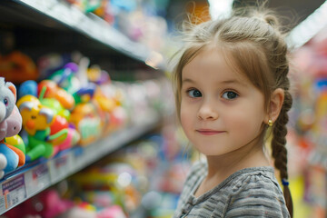 Generative AI image of a cheerful child enjoying a visit to a colorful toy store