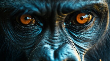 A powerful close-up of a gorilla with captivating eyes, perfect for discussions on wildlife and conservation.