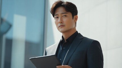 Confident businessman holding tablet outdoors, serious expression.