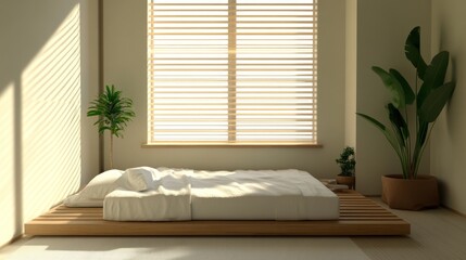 Minimalist bedroom with low platform bed, plants, and sunlight streaming through blinds.
