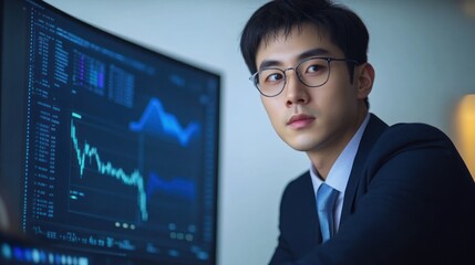 Focused businessman analyzing financial data on a large monitor.