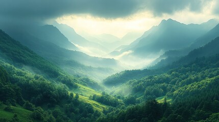 Obraz premium Serene mountain landscape with misty valleys and lush greenery under a cloudy sky.