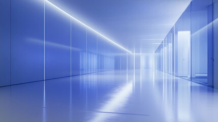 Futuristic blue corridor with bright LED lighting and reflective floor.