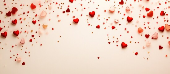 Fototapeta premium Romantic red and pink hearts confetti on beige background.